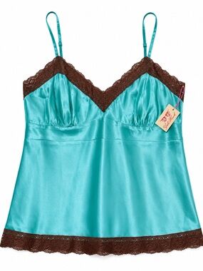 🤎Gold Hawk Silk Camisole | Aqua & Chocolate Brown Lace Trim | NWT🤎